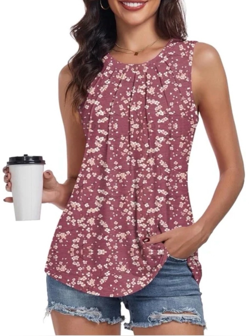 SYOSS Pleated Neck Sleeveless Tank Top